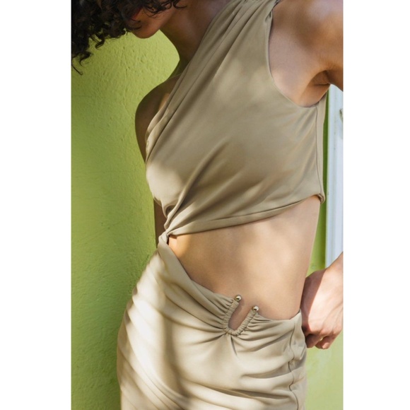 Zara Khaki and Gold Ruched Dress (NWOT) - Picture 2 of 11